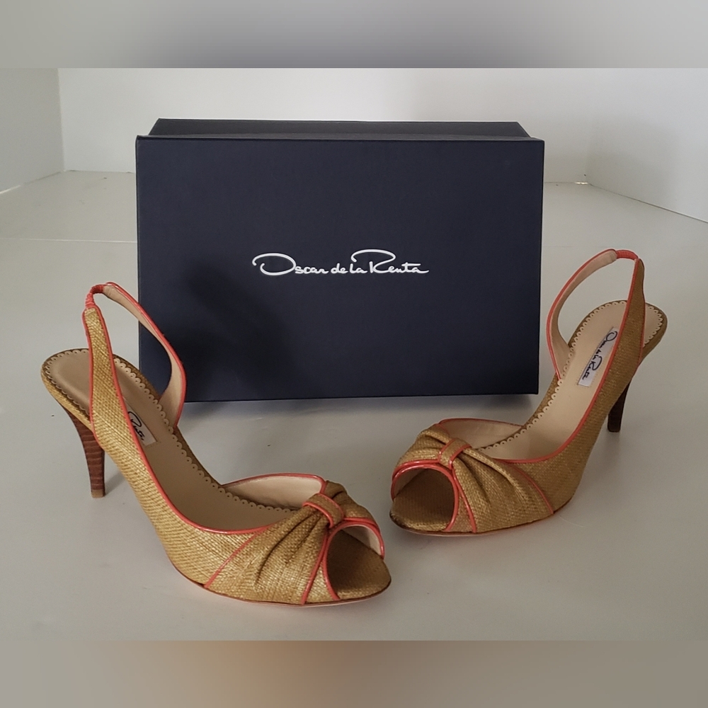 Oscar De La Renta Coral Straw Peep Toe Slingback Heels Sz 40 US 9.5 w/ Box